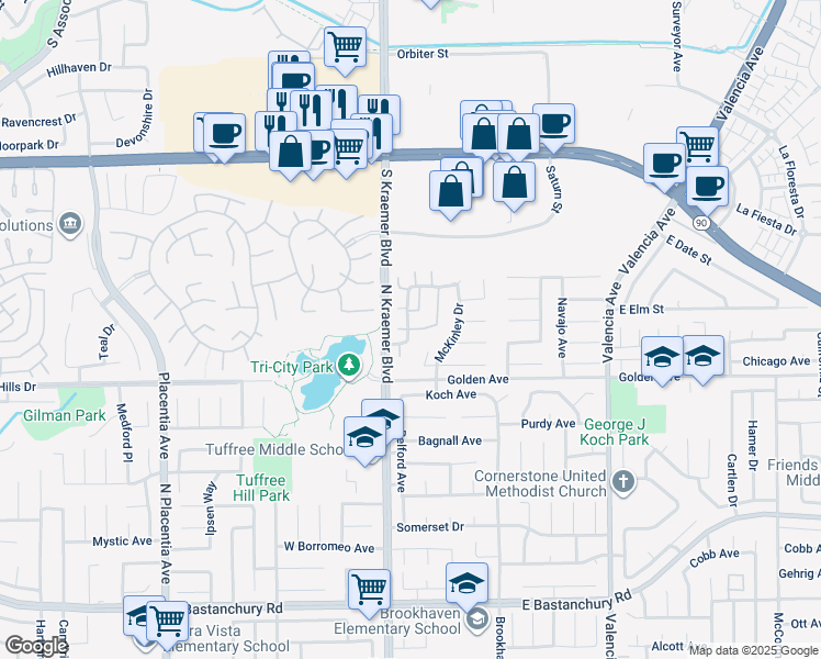 map of restaurants, bars, coffee shops, grocery stores, and more near 224 Chinook Drive in Placentia