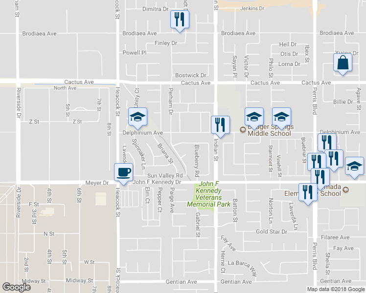 map of restaurants, bars, coffee shops, grocery stores, and more near 24331 Bluegrass Court in Moreno Valley