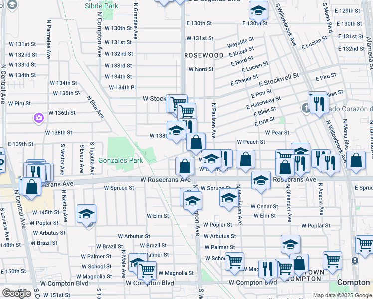map of restaurants, bars, coffee shops, grocery stores, and more near 1421 North Wilmington Avenue in Compton