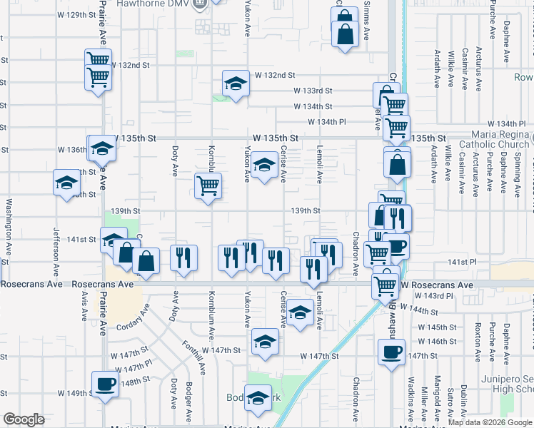map of restaurants, bars, coffee shops, grocery stores, and more near 3528 139th Street in Hawthorne