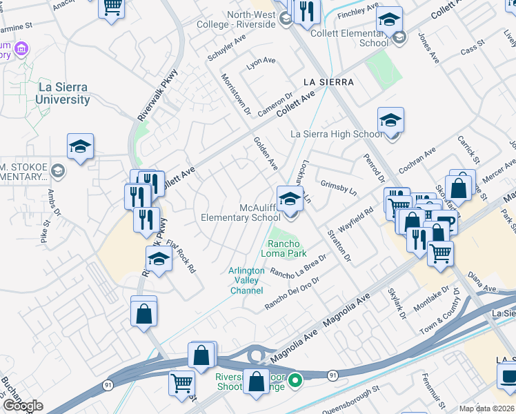 map of restaurants, bars, coffee shops, grocery stores, and more near 11369 Parkfield Court in Riverside