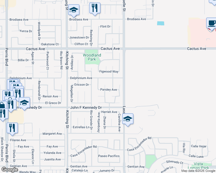 map of restaurants, bars, coffee shops, grocery stores, and more near 14770 Tarragon Way in Moreno Valley