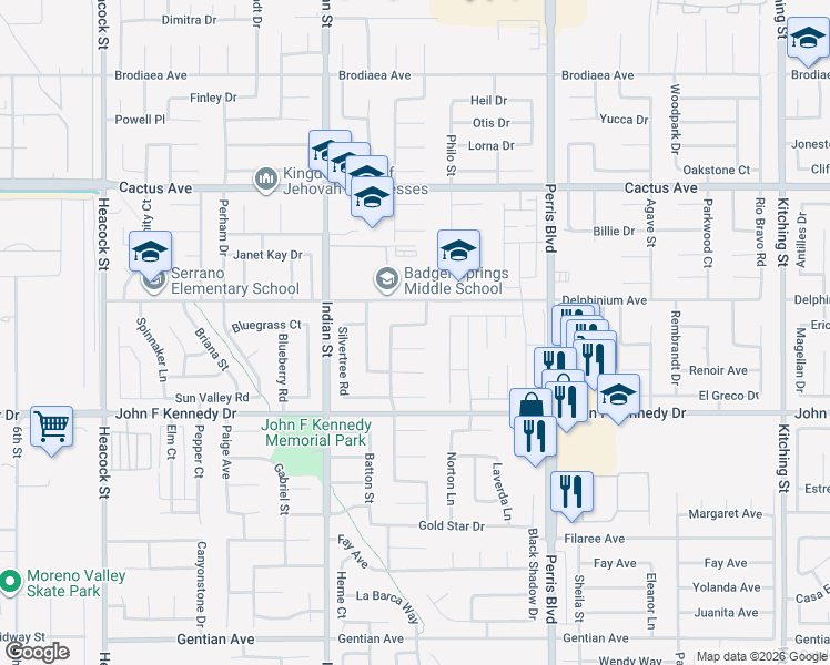 map of restaurants, bars, coffee shops, grocery stores, and more near 14762 Wintergreen Street in Moreno Valley
