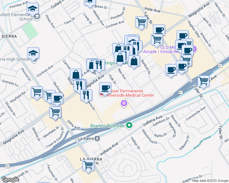 map of restaurants, bars, coffee shops, grocery stores, and more near 3720 Polk Street in Riverside