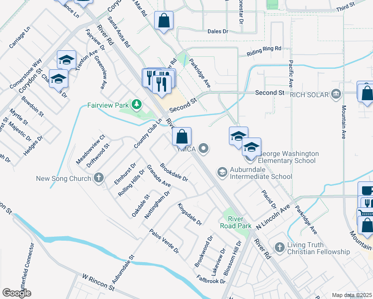 map of restaurants, bars, coffee shops, grocery stores, and more near 1504 River Road in Corona
