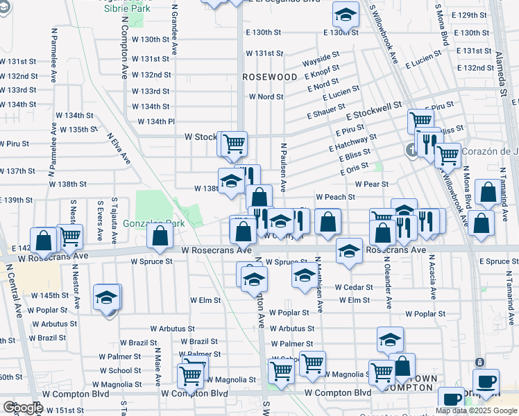 map of restaurants, bars, coffee shops, grocery stores, and more near 729 West 139th Street in Compton