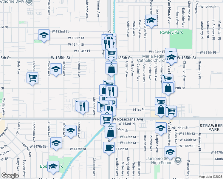 map of restaurants, bars, coffee shops, grocery stores, and more near 13900 Crenshaw Boulevard in Gardena