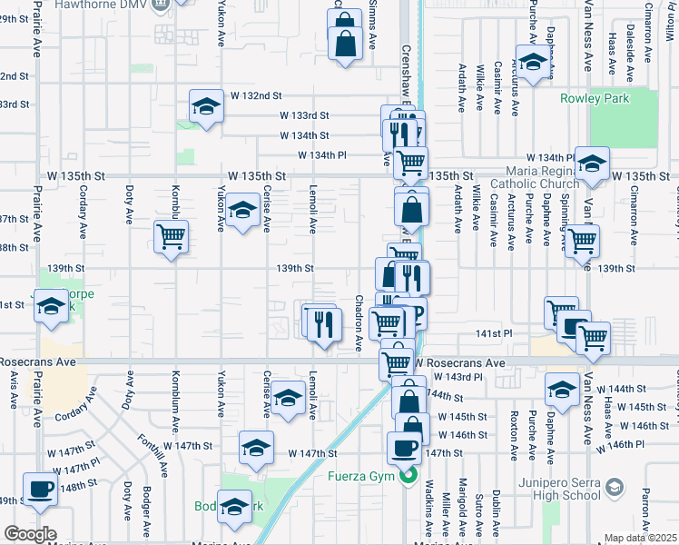 map of restaurants, bars, coffee shops, grocery stores, and more near 13725 Chadron Avenue in Hawthorne