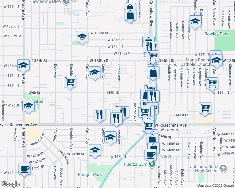 map of restaurants, bars, coffee shops, grocery stores, and more near 13806 Lemoli Way in Hawthorne