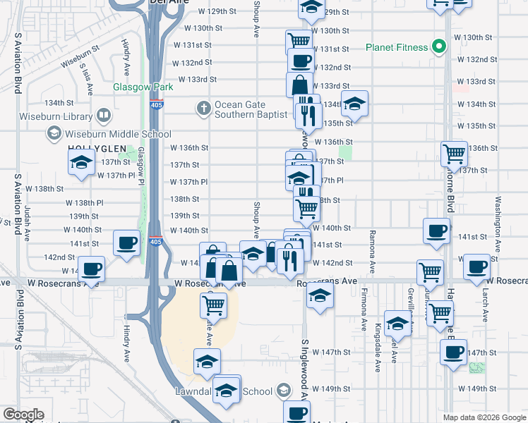 map of restaurants, bars, coffee shops, grocery stores, and more near 4866 138th Street in Hawthorne