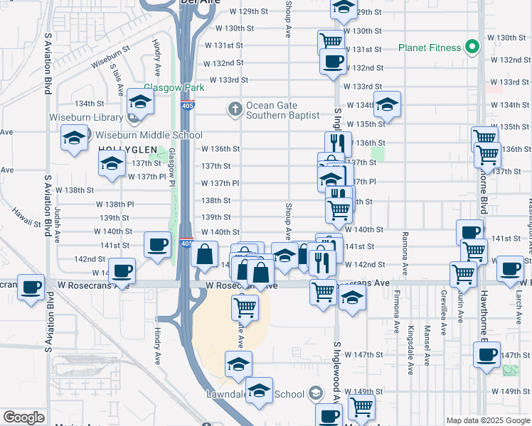 map of restaurants, bars, coffee shops, grocery stores, and more near 4926 138th Street in Hawthorne