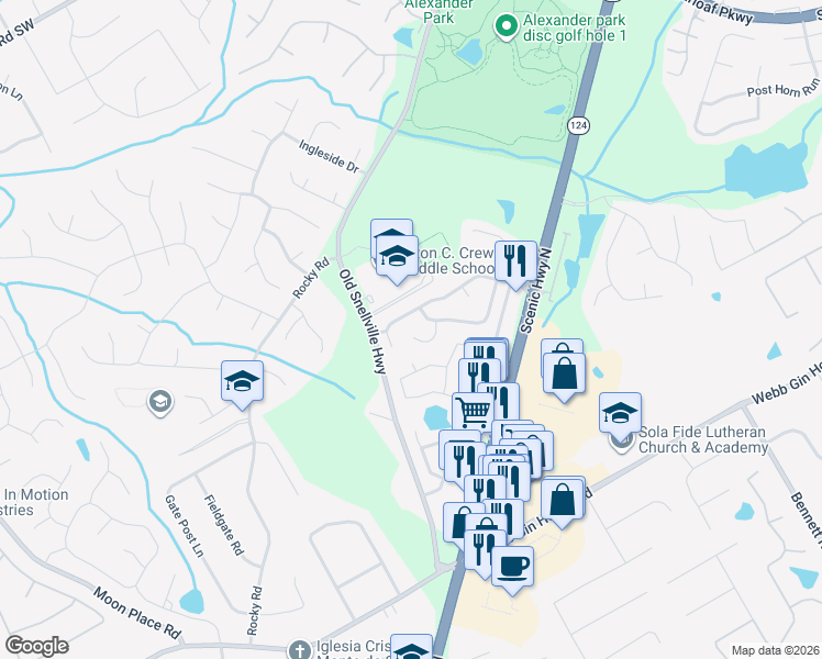 map of restaurants, bars, coffee shops, grocery stores, and more near 1203 Scenic View Circle in Lawrenceville