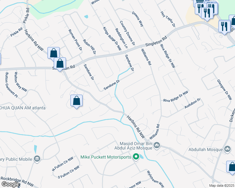 map of restaurants, bars, coffee shops, grocery stores, and more near 5452 Bishops Circle in Norcross