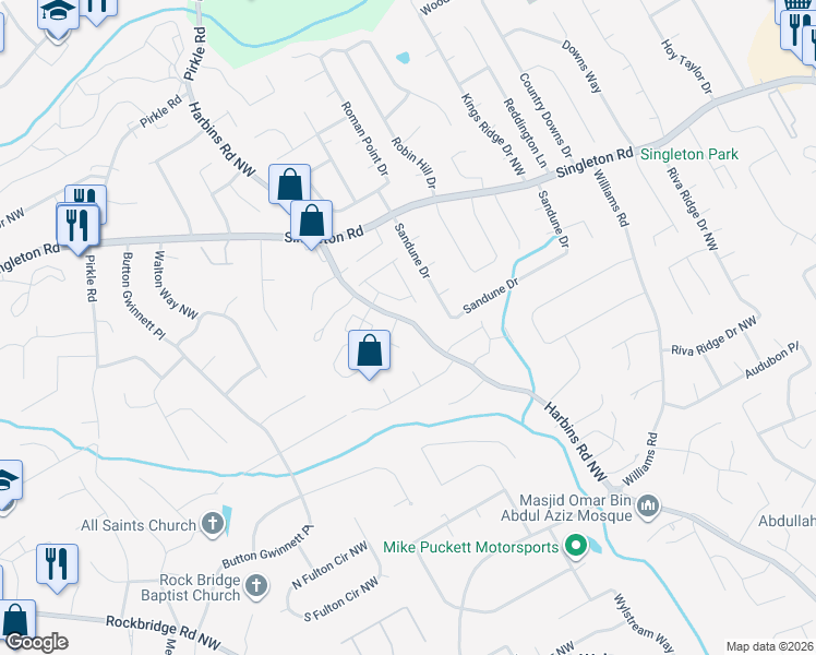 map of restaurants, bars, coffee shops, grocery stores, and more near 1247 Harbins Road Northwest in Norcross
