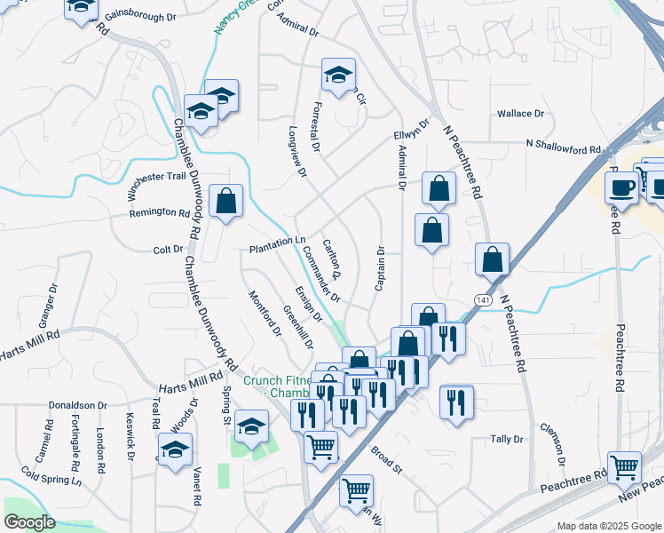 map of restaurants, bars, coffee shops, grocery stores, and more near 3860 Carlton Drive in Atlanta