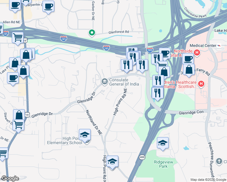 map of restaurants, bars, coffee shops, grocery stores, and more near 5490 High Point Road Northeast in Atlanta
