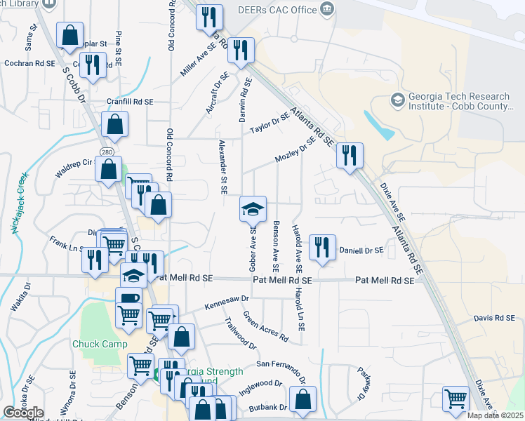 map of restaurants, bars, coffee shops, grocery stores, and more near 638 Medford Place Southeast in Smyrna