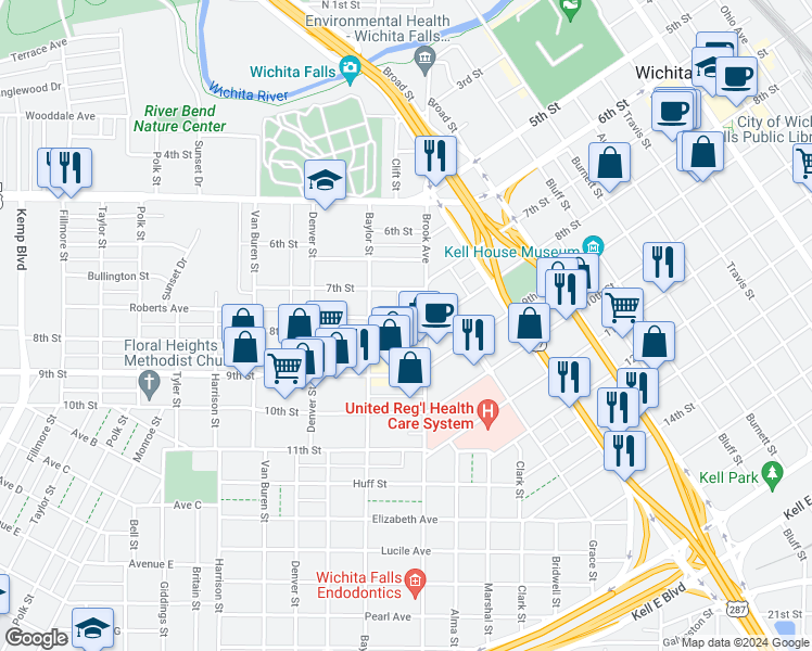 map of restaurants, bars, coffee shops, grocery stores, and more near 706 Warford Street in Wichita Falls