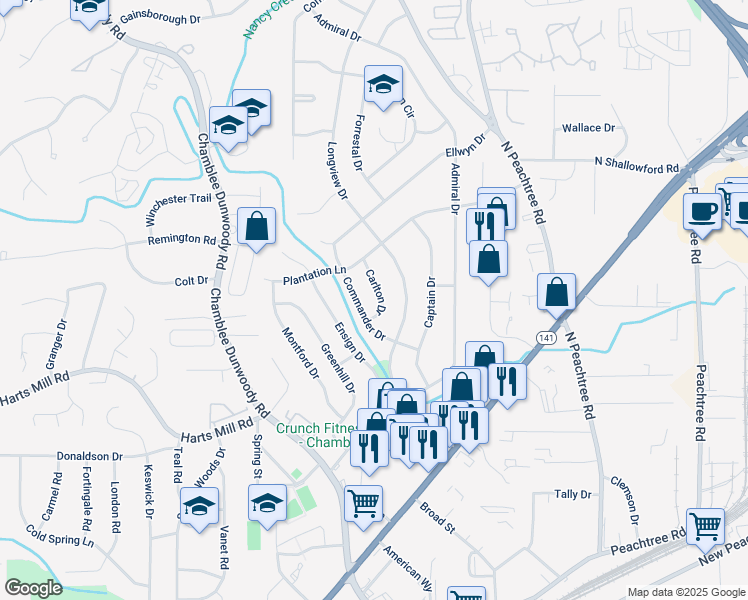 map of restaurants, bars, coffee shops, grocery stores, and more near 3860 Carlton Drive in Atlanta