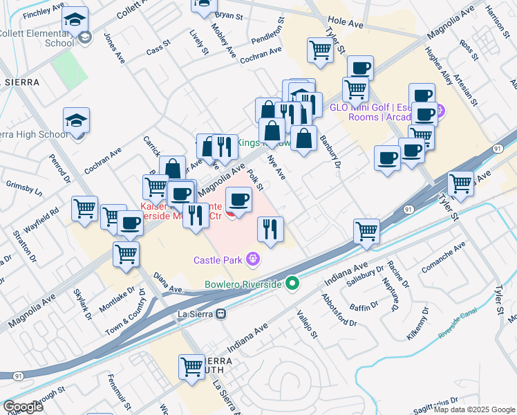 map of restaurants, bars, coffee shops, grocery stores, and more near 10800 Magnolia Avenue in Riverside