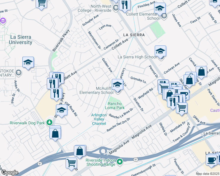 map of restaurants, bars, coffee shops, grocery stores, and more near 11372 Bridgeway Ct in Riverside