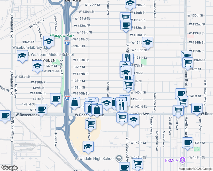 map of restaurants, bars, coffee shops, grocery stores, and more near 4907 139th Street in Hawthorne