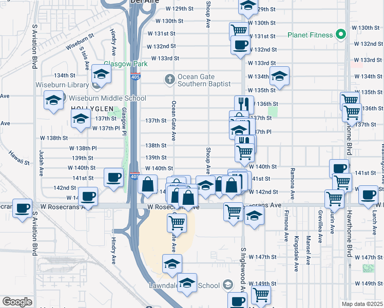 map of restaurants, bars, coffee shops, grocery stores, and more near 4926 138th Street in Hawthorne