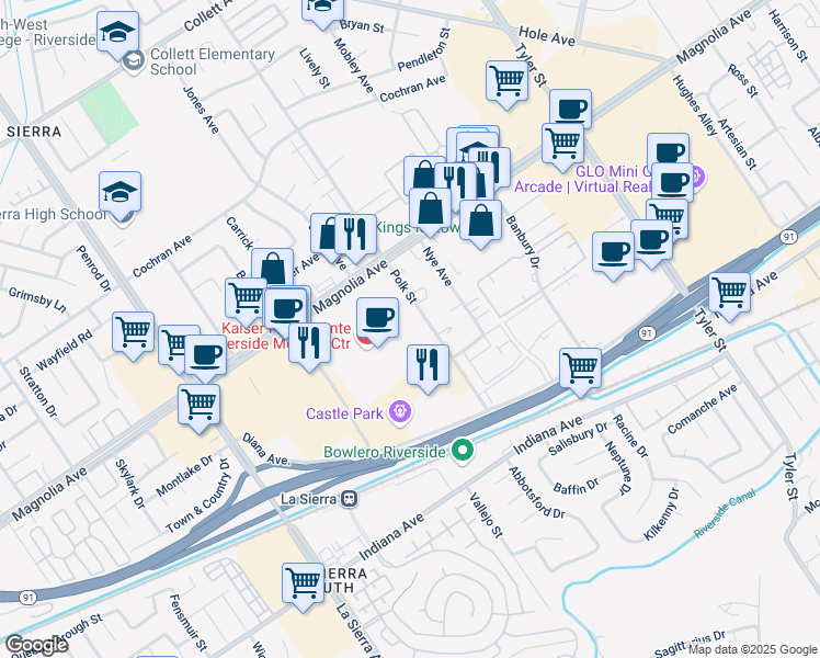 map of restaurants, bars, coffee shops, grocery stores, and more near 10800 Magnolia Avenue in Riverside
