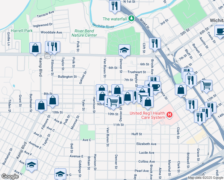 map of restaurants, bars, coffee shops, grocery stores, and more near 1912 8th Street in Wichita Falls