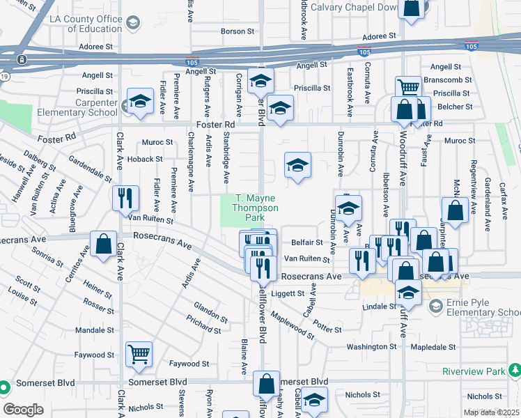 map of restaurants, bars, coffee shops, grocery stores, and more near 14001 Bellflower Boulevard in Bellflower