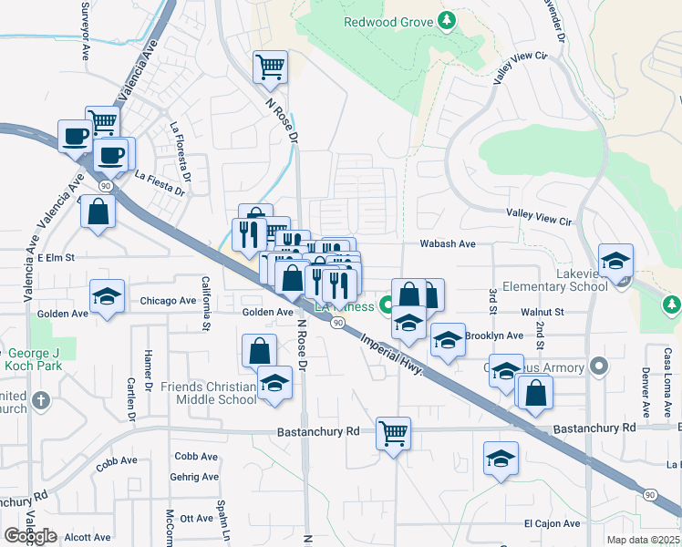 map of restaurants, bars, coffee shops, grocery stores, and more near 16871 Chestnut Street in Yorba Linda