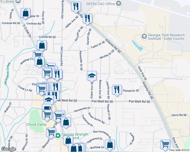 map of restaurants, bars, coffee shops, grocery stores, and more near 638 Medford Place Southeast in Smyrna