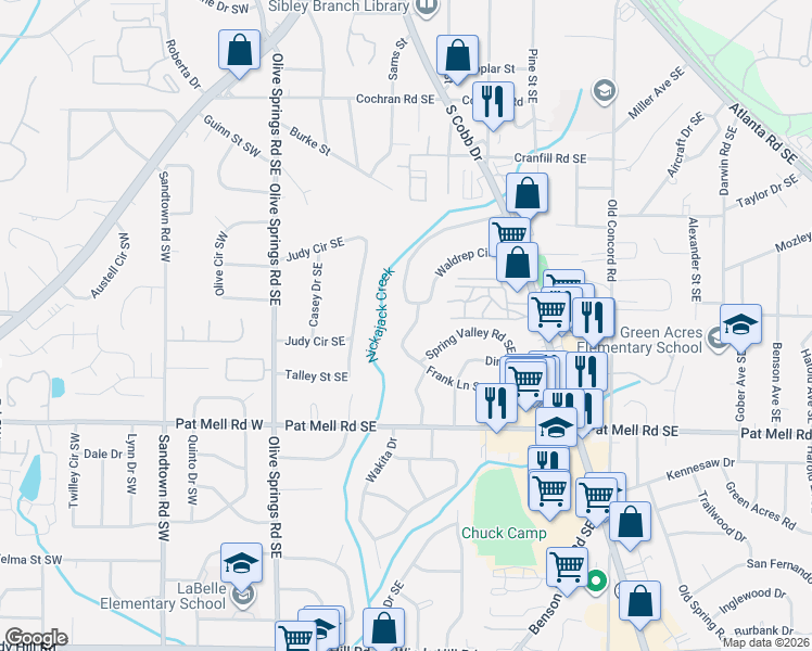 map of restaurants, bars, coffee shops, grocery stores, and more near 1848 Waldrep Circle Southeast in Marietta