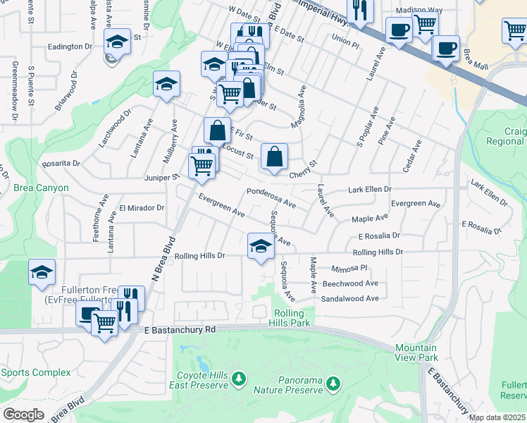 map of restaurants, bars, coffee shops, grocery stores, and more near 3036 Spruce Place in Fullerton