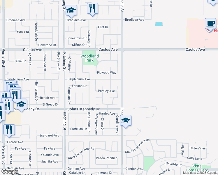 map of restaurants, bars, coffee shops, grocery stores, and more near 14817 Rosemary Avenue in Moreno Valley