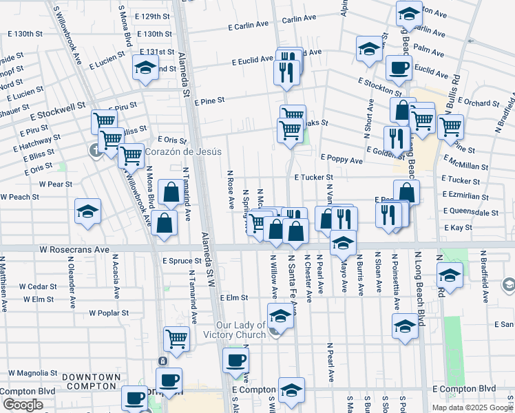 map of restaurants, bars, coffee shops, grocery stores, and more near 1405 North McDivitt Avenue in Compton
