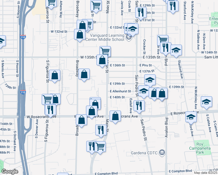 map of restaurants, bars, coffee shops, grocery stores, and more near 13914 Main Street in Los Angeles