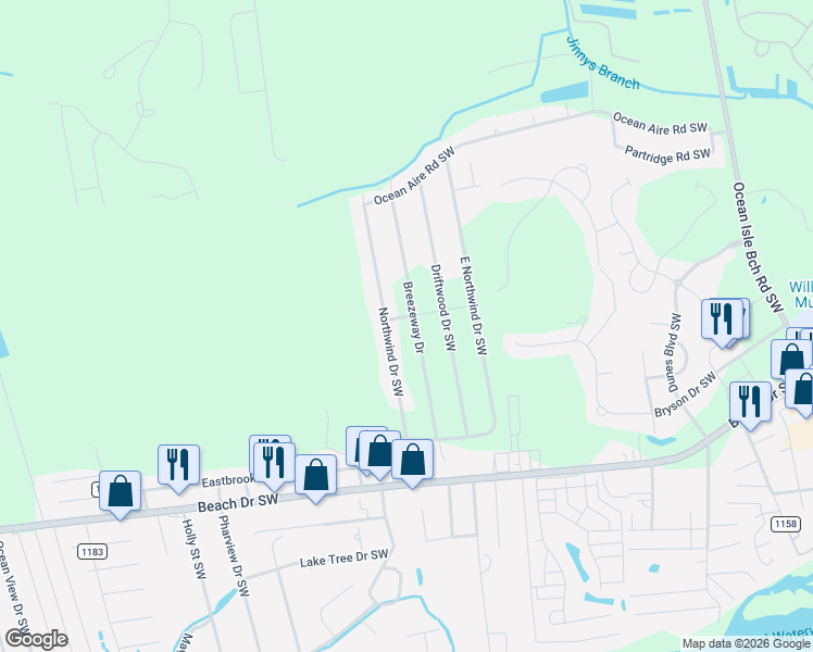 map of restaurants, bars, coffee shops, grocery stores, and more near 1582 Breezeway Drive Southwest in Ocean Isle Beach