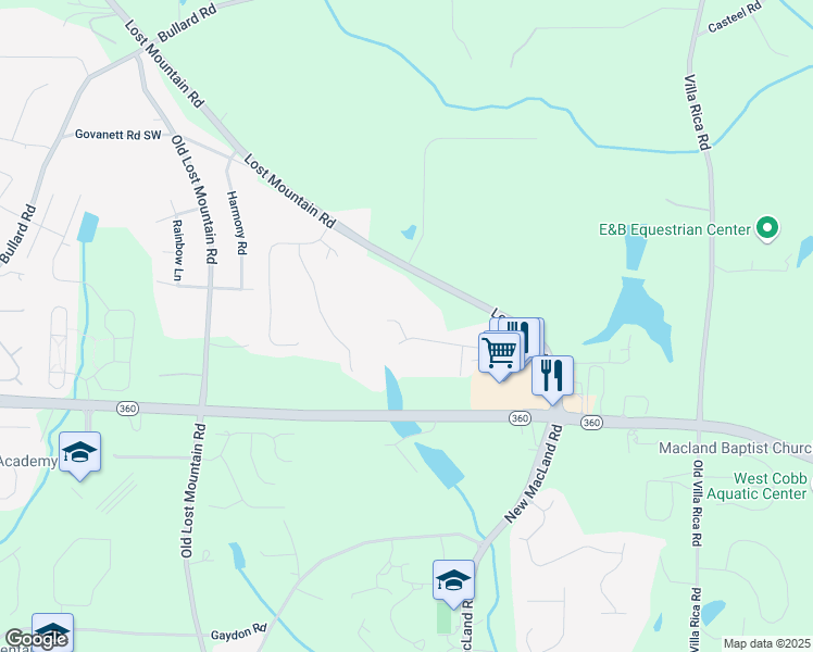 map of restaurants, bars, coffee shops, grocery stores, and more near 1985 Whitman Drive in Powder Springs