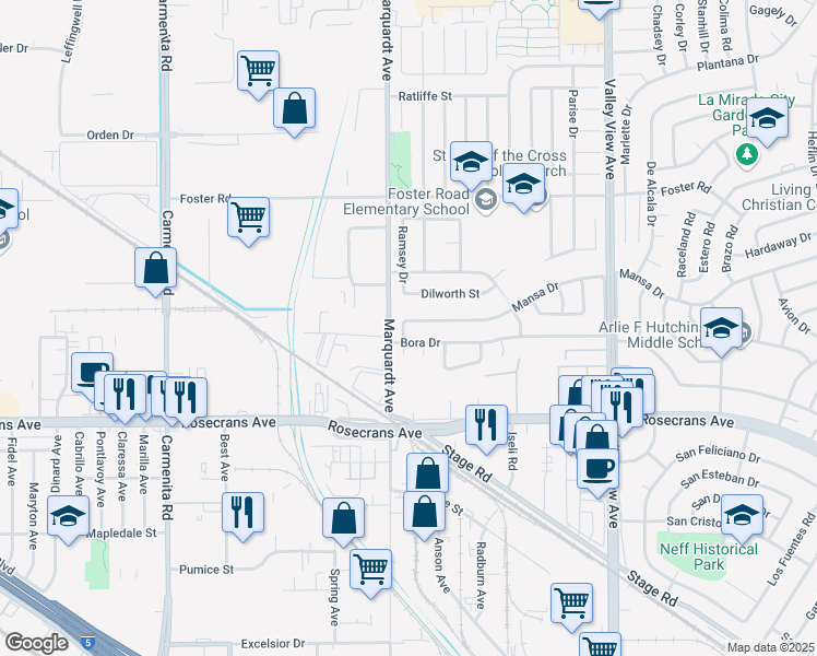 map of restaurants, bars, coffee shops, grocery stores, and more near 13806 Mansa Drive in La Mirada