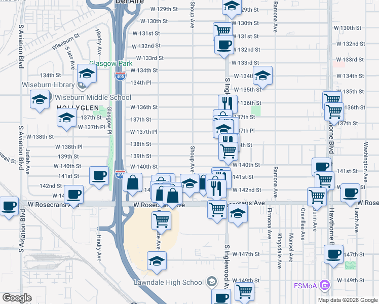 map of restaurants, bars, coffee shops, grocery stores, and more near 4907 139th Street in Hawthorne