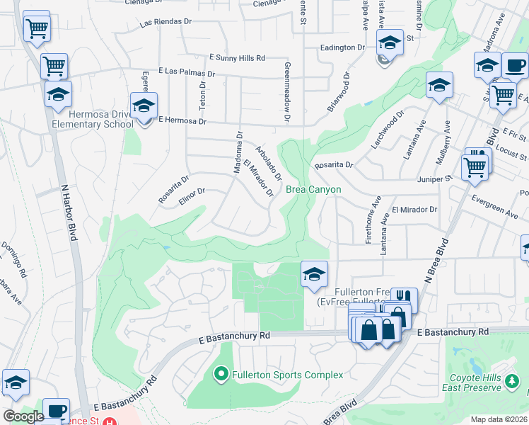 map of restaurants, bars, coffee shops, grocery stores, and more near 774 East Rosarita Drive in Fullerton