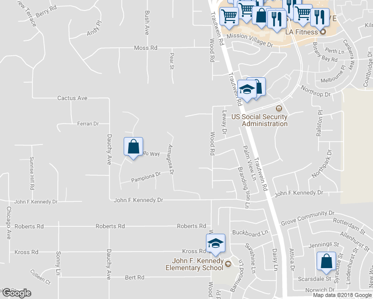 map of restaurants, bars, coffee shops, grocery stores, and more near 14779 Wood Road in Riverside