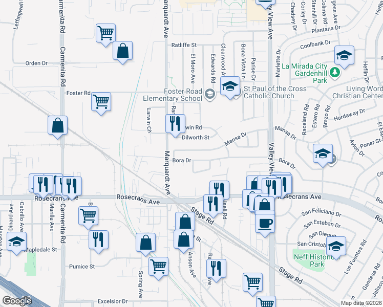 map of restaurants, bars, coffee shops, grocery stores, and more near 13846 Mansa Drive in La Mirada