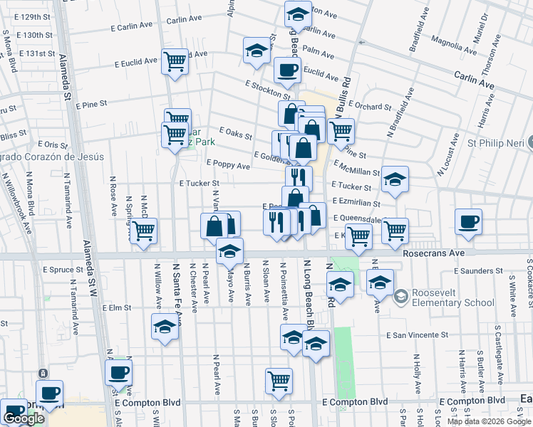 map of restaurants, bars, coffee shops, grocery stores, and more near 1207 East Peck Street in Compton