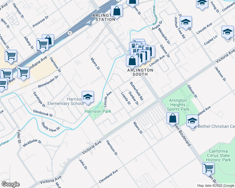 map of restaurants, bars, coffee shops, grocery stores, and more near 2875 Myers Street in Riverside