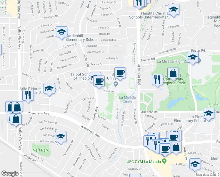 map of restaurants, bars, coffee shops, grocery stores, and more near 13800 Biola Avenue in La Mirada
