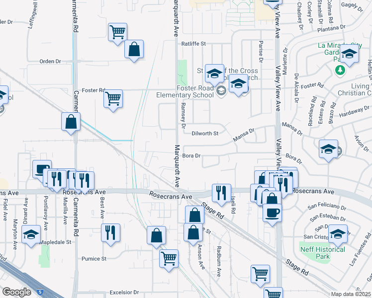 map of restaurants, bars, coffee shops, grocery stores, and more near 13806 Mansa Drive in La Mirada