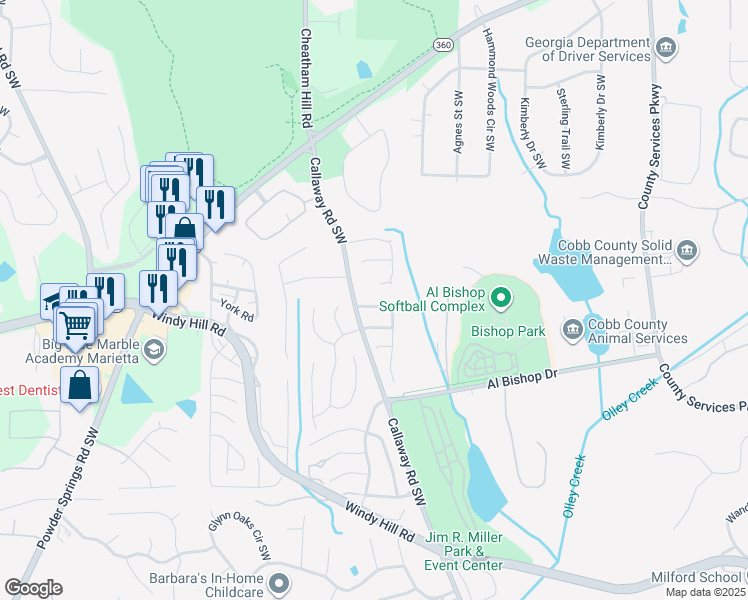 map of restaurants, bars, coffee shops, grocery stores, and more near 1390 Chapel Hill Lane Southwest in Marietta