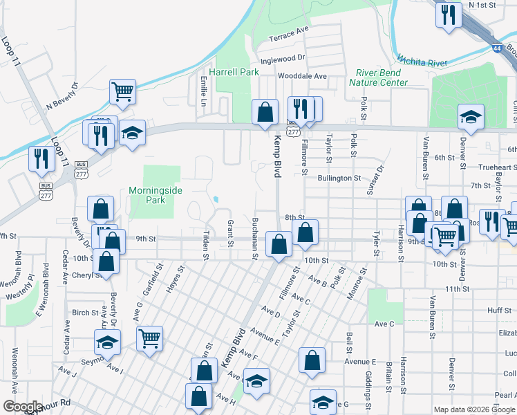 map of restaurants, bars, coffee shops, grocery stores, and more near 2610 Linden Place in Wichita Falls